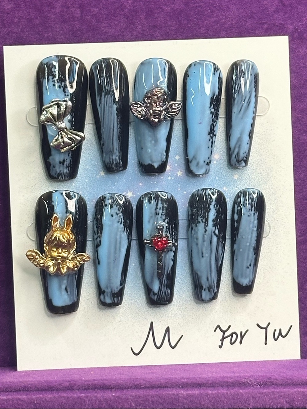 🖤 black marble cherub press-on nail set, size M 🐥
